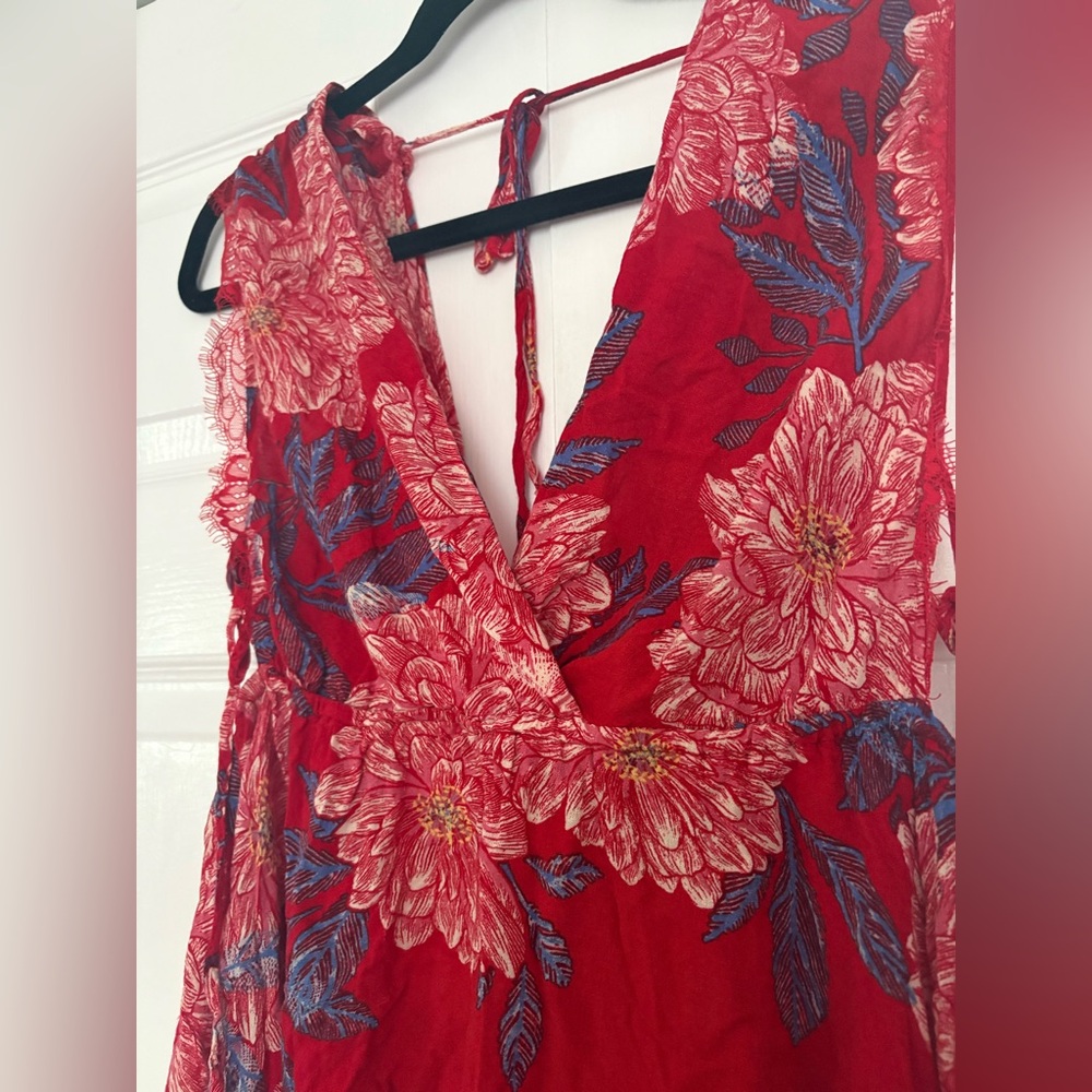 Free People Red Floral V-Neck Dress with Blue Accents - Picture 6 of 9